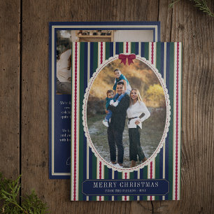 Preppy Stripes Burgundy Bow Photo Merry Christmas Holiday Card