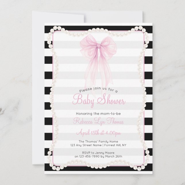 Preppy Stripes Pink Bow Pearls Baby Shower Invitation (Front)