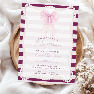 Preppy Stripes Pink Bow Pearls Baby Shower Invitation