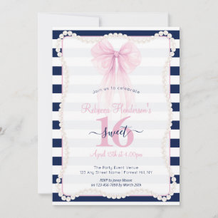 Preppy Stripes Pink Bow Pearls Sweet 16 Invitation