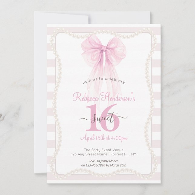 Preppy Stripes Pink Bow Pearls Sweet 16 Invitation (Front)