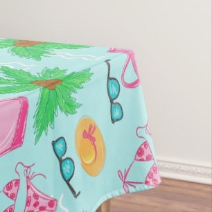 Preppy Summer Beach Icons / Coastal Blue Tablecloth