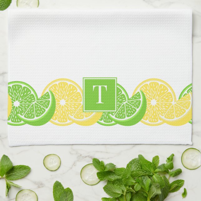 Preppy Summer Citrus Lemon Lime Slice Border Tea Towel (Folded)