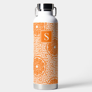 Preppy Summer Citrus Orange on Orange Greek Key Water Bottle