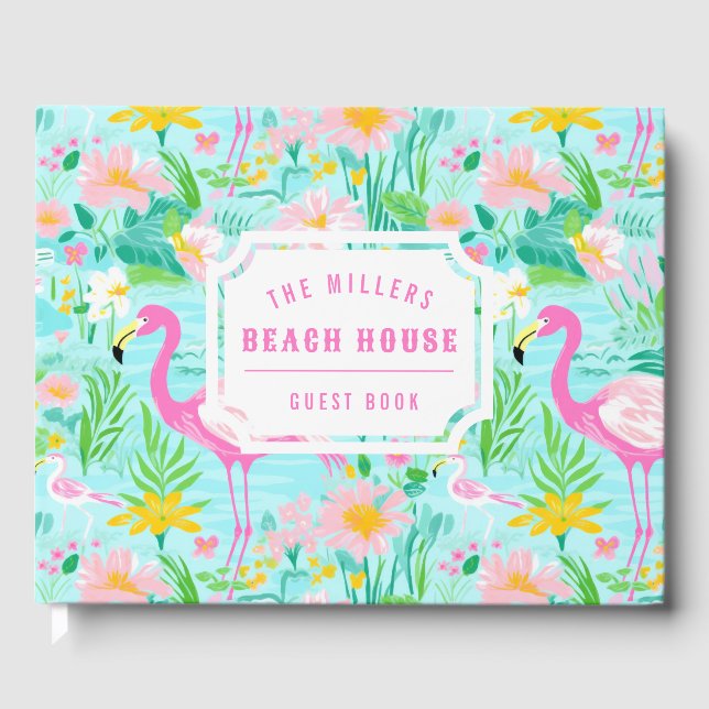 Preppy Summer Flamingo | Monogram Guest Book (Front)