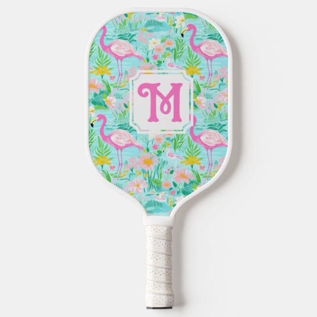Preppy Summer Flamingo | Monogram Pickleball  Pickleball Paddle (Front)
