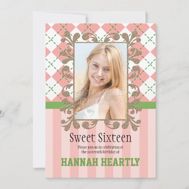 Preppy Sweet 16 Invitations Pink and Green (Front)