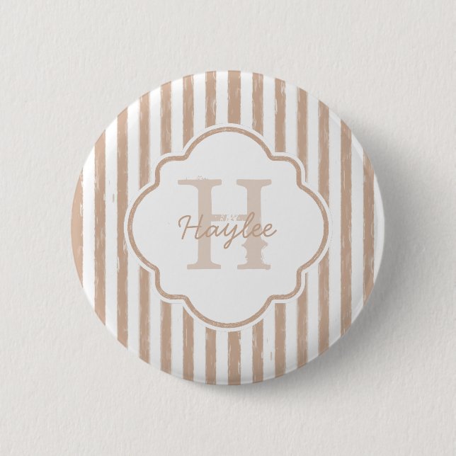 Preppy Tan Painted Stripes Monogram and Name 6 Cm Round Badge (Front)