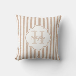 Preppy Tan Painted Stripes Monogram and Name Cushion