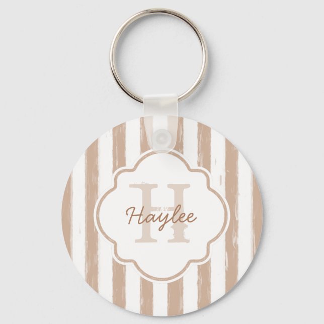 Preppy Tan Painted Stripes Monogram and Name Key Ring (Front)