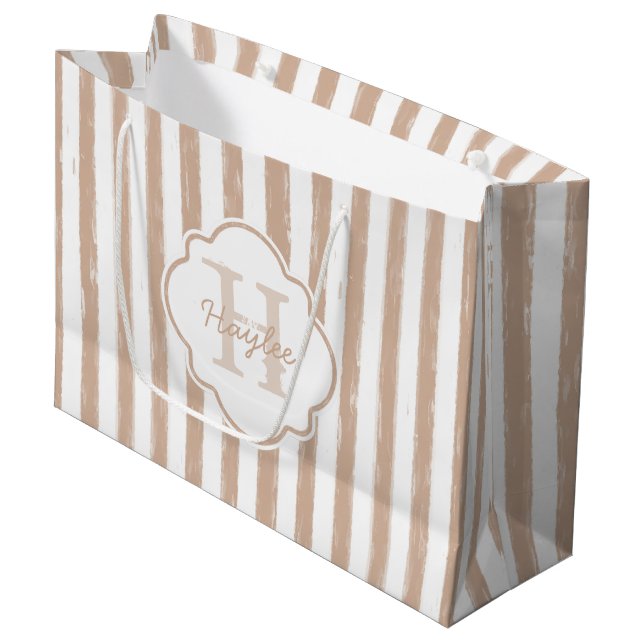 Preppy Tan Painted Stripes Monogram and Name Large Gift Bag (Front Angled)