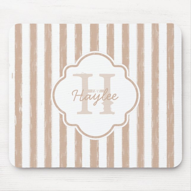 Preppy Tan Painted Stripes Monogram and Name Mouse Pad (Front)