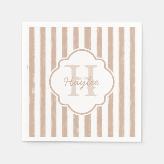 Preppy Tan Painted Stripes Monogram and Name Napkin (Front)