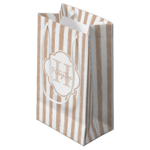Preppy Tan Painted Stripes Monogram and Name Small Gift Bag