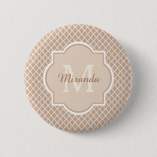 Preppy Tan Quatrefoil Mongogram With Name 6 Cm Round Badge