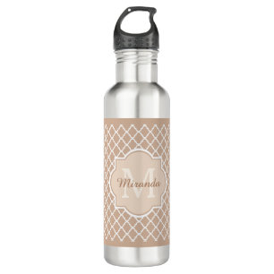 Preppy Tan Quatrefoil Mongogram With Name 710 Ml Water Bottle