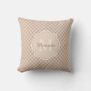 Preppy Tan Quatrefoil Mongogram With Name Cushion