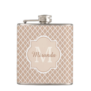 Preppy Tan Quatrefoil Mongogram With Name Hip Flask