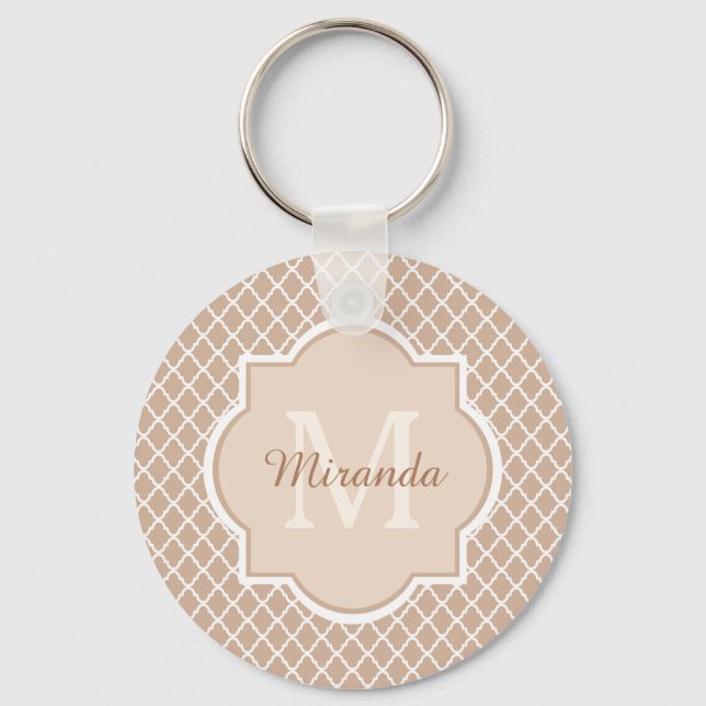 Preppy Tan Quatrefoil Mongogram With Name Key Ring (Front)