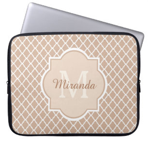Preppy Tan Quatrefoil Mongogram With Name Laptop Sleeve