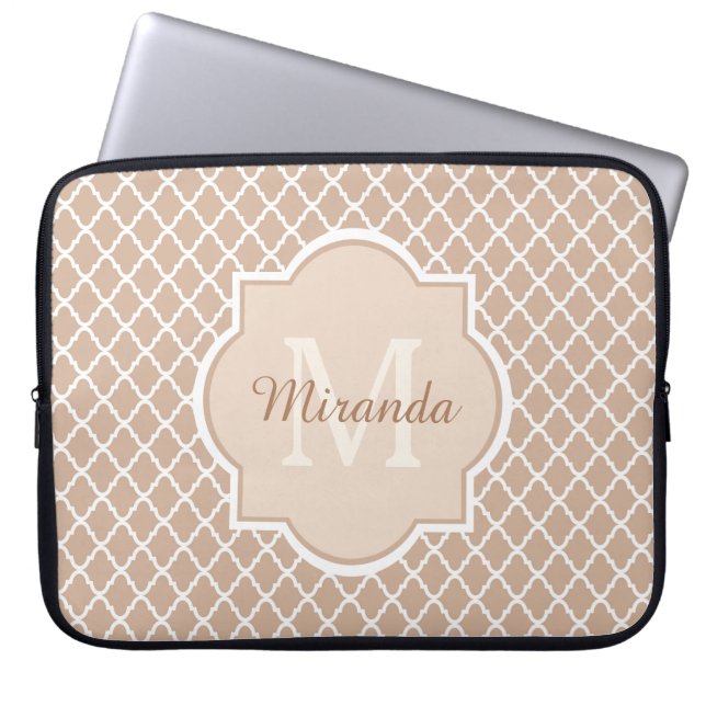 Preppy Tan Quatrefoil Mongogram With Name Laptop Sleeve (Front)