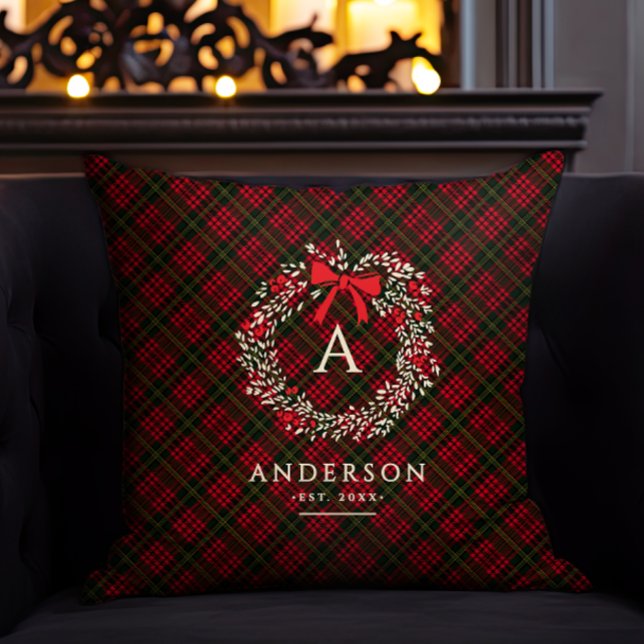 Preppy Tartan Holiday Wreath Monogram & Name Cushion (Creator Uploaded)