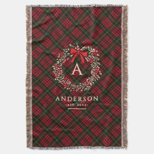 Preppy Tartan Holiday Wreath Monogram & Name Throw Blanket