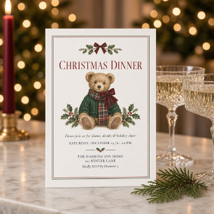Preppy Tartan Teddy Bear Christmas Dinner Invitation