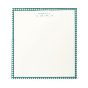 Preppy Teal Blue Gingham Plaid Personalised Name Notepad