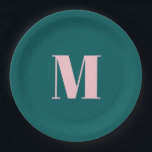 Preppy Teal Pink Modern Feminine Monogrammed Party Paper Plate<br><div class="desc">Preppy,  simple,  minimalist monogram-themed party supplies in deep blueish green and pastel pink colours.</div>
