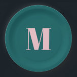 Preppy Teal Pink Modern Feminine Monogrammed Party Paper Plate<br><div class="desc">Preppy,  simple,  minimalist monogram-themed party supplies in deep blueish green and pastel pink colours.</div>