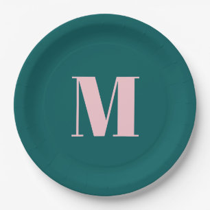 Preppy Teal Pink Modern Feminine Monogrammed Party Paper Plate