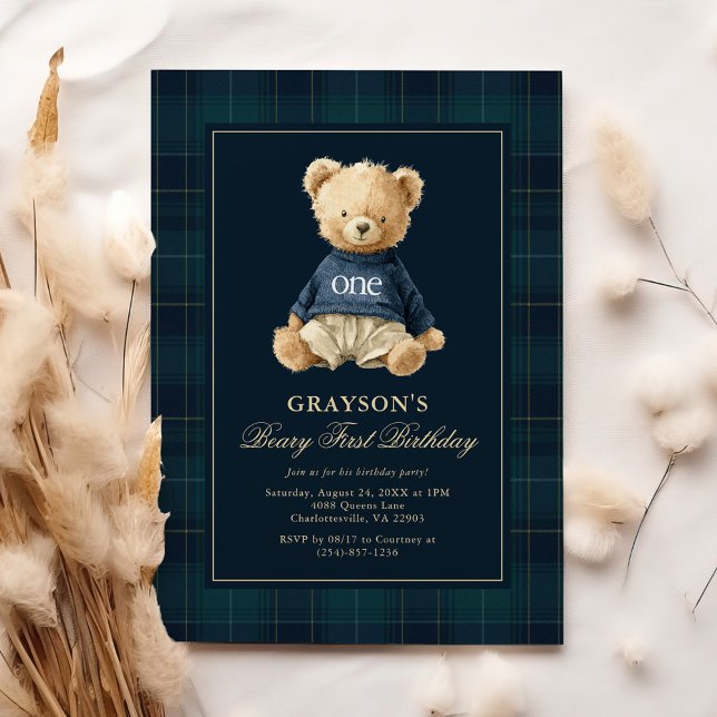 Preppy Teddy Bear 1st Birthday Invitation (Creator Uploaded)