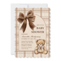 Preppy Teddy Bear Beige Plaid Baby Shower Invite