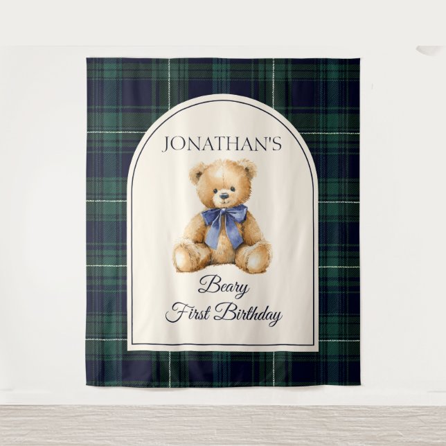 Preppy Teddy Bear Birthday Photo Backdrop Tapestry (Front)
