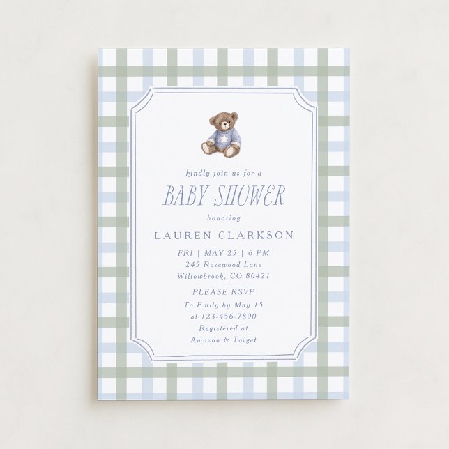 Preppy Teddy Bear Blue and Sage Plaid Baby Shower  Invitation (Creator Uploaded)