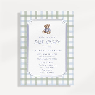 Preppy Teddy Bear Blue and Sage Plaid Baby Shower Invitation