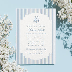 Preppy Teddy Bear Blue Boy Elegant Baby Shower Invitation