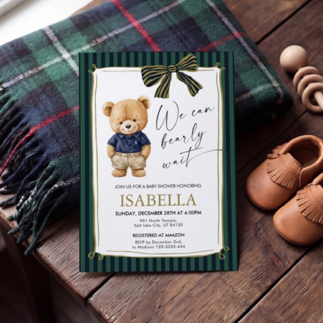 Preppy Teddy Bear Blue Green Baby Shower  Invitation (Creator Uploaded)