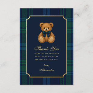 Preppy Teddy Bear Blue Tartan Baby Boy Shower Thank You Card