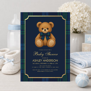 Preppy Teddy Bear Boy Baby Shower Blue Green Plaid Invitation