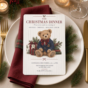 Preppy Teddy Bear Burgundy Bow Christmas Dinner Invitation