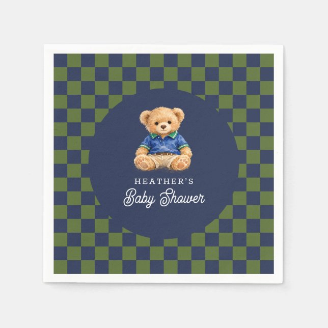 Preppy Teddy Bear Checkboard Baby Shower Napkin (Front)