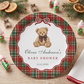 Preppy Teddy Bear Christmas Baby Shower Paper Plate