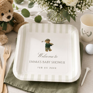 Preppy Teddy Bear Golf Baby Shower New to the Club Paper Plate