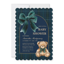 Preppy Teddy Bear Green Plaid Baby Shower Invite