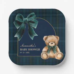 Preppy Teddy Bear Green Plaid Baby Shower   Paper Plate