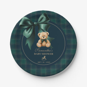 Preppy Teddy Bear Green Plaid Boy Baby Shower Paper Plate