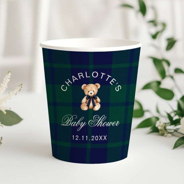 Preppy Teddy bear Luxury Plaid Baby Shower Paper Cups (Creator Uploaded)