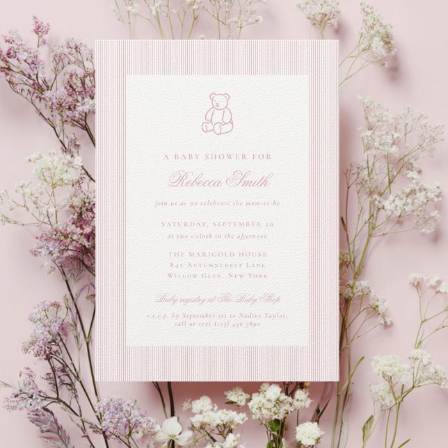 Preppy Teddy Bear Pink Girl Elegant Baby Shower Invitation (Creator Uploaded)